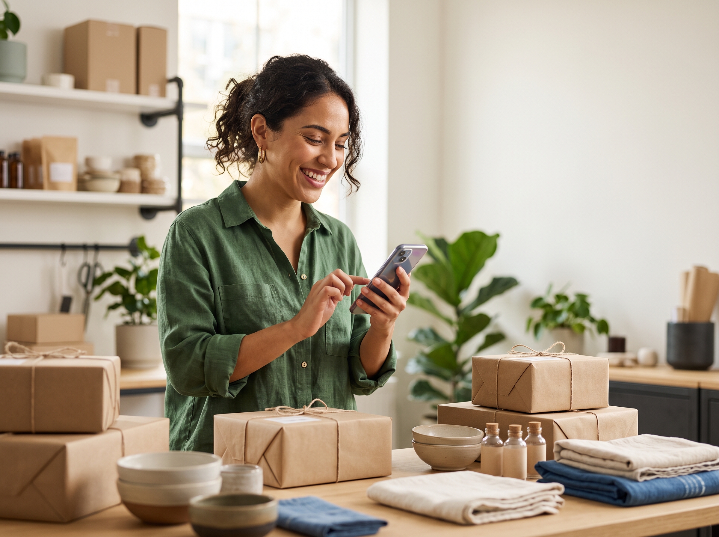 Latina WooCommerce merchant completing a simple store setup on her phone